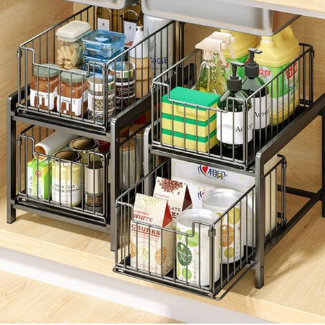 LUNSY Rangements sous Evier 2 Niveaux Organisateur Coulissant avec 2 Tiroirs Porte-épices pour Comptoir de Cuisine Organisateur pour Salle de Bain, Cuisine, Bureau, Noir
