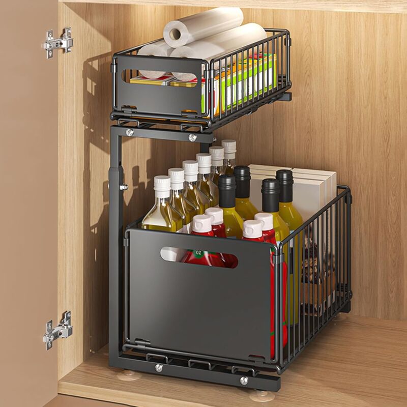 Rangements sous Evier 2 Niveaux Organisateur Coulissant,Paniers Coulissants, Empilable,Étagères pour Placard Meuble Cuisine Salle Bain,26,5 x 38 x