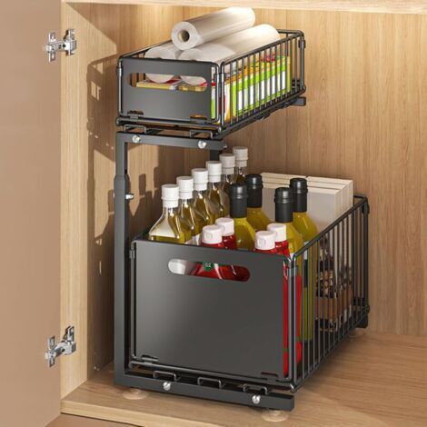 Rangements sous Evier 2 Niveaux Organisateur Coulissant,Paniers Coulissants, Empilable,Étagères pour Placard Meuble Cuisine Salle Bain,26,5 x 38 x 48,5 cm (noir)