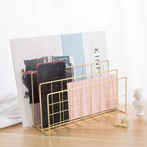 Rangeur de bureau à 3 compartiments métallique pour livres et documents, Organisateur multifonction, Disponible en noir, rose gold et gold, Matériau : métal, Dimensions : 4.72x9.1x6.1 inch