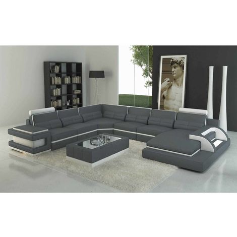RANNA PANORAMIQUE - Canapé d'angle gauche panoramique design en cuir gris et blanc avec lumière intégrée - Gris