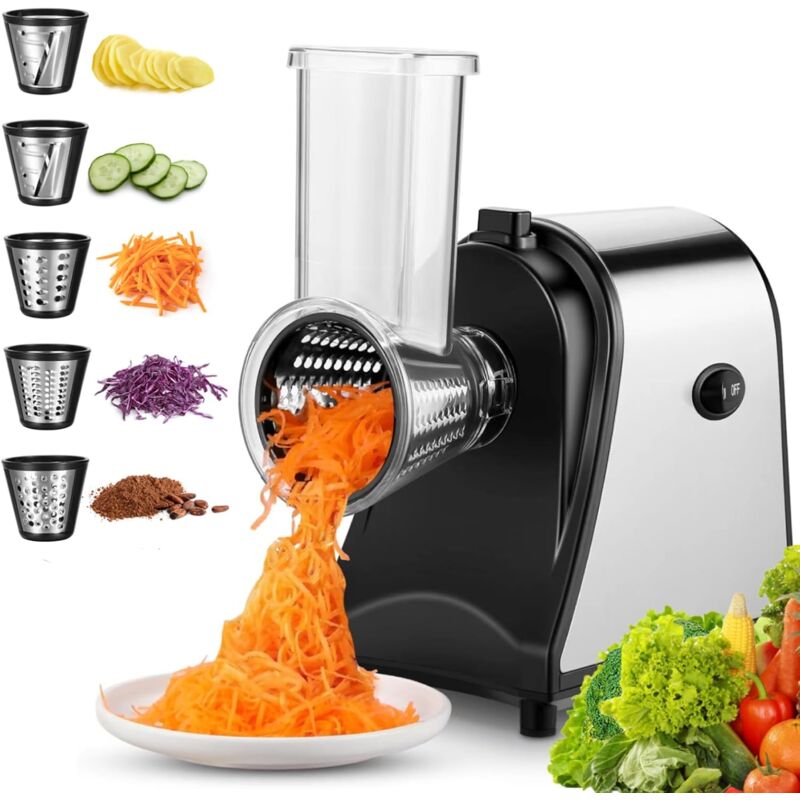 Râpe à fromage électrique professionnelle 250 W - Coupe-légumes électrique - Avec 5 accessoires gratuits - Râpe électrique pour fromages, fruits,