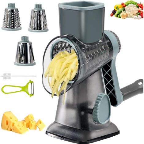 Râpe à Fromage rotative avec 3 Lames interchangeables et Base à antidérapante, râpe à Fromage trancheuse à légumes Manuelle pour Fromage, concombres, Carottes et Plus Encore Black