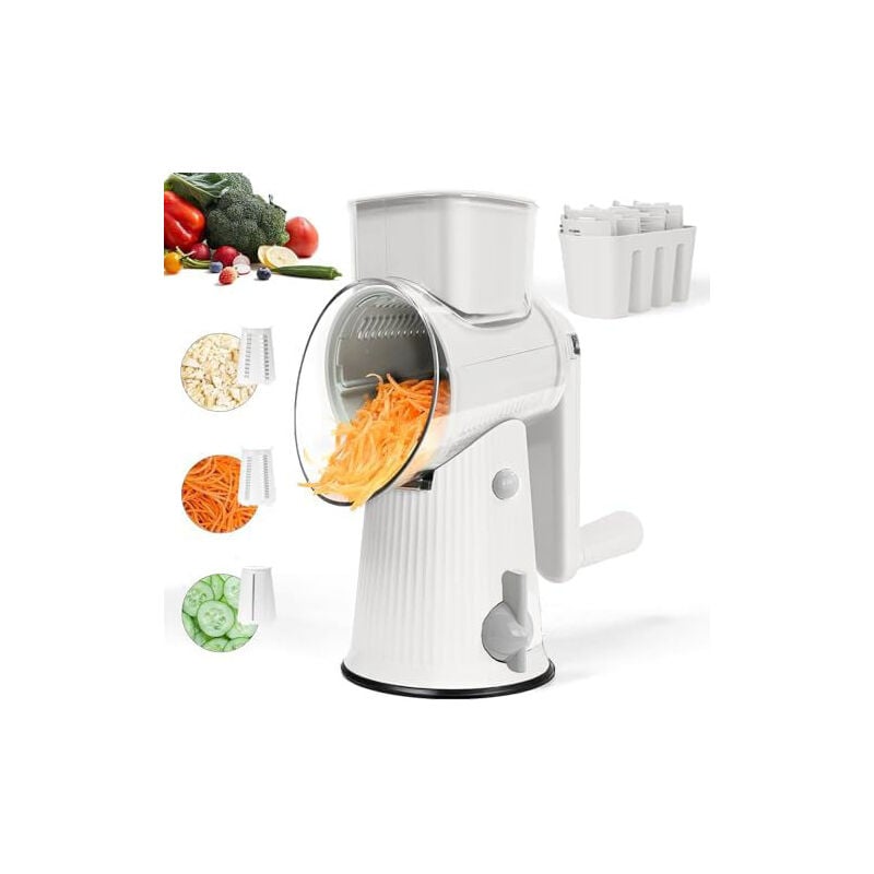 Râpe à fromage rotative avec poignée, trancheuse à légumes manuelle avec 3 lames interchangeables Râpage sans effort, base d'aspiration solide et