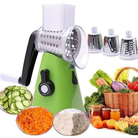 Râpe rotative manuelle pour pommes de terre et légumes, avec 3 lames interchangeables, facile à utiliser (vert)