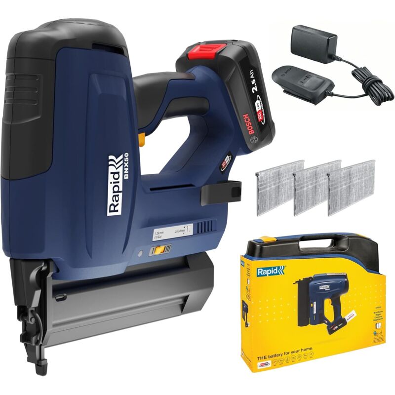 BNX50 - Cloueuse électrique à batterie 18V pour clous n°8/20-50mm - Coffret complet (batterie + chargeur) - (5001498) - Rapid