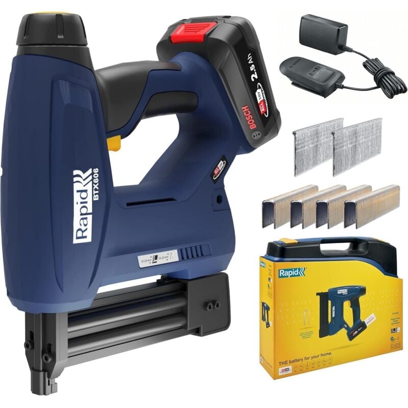 BTX606 - Agrafeuse à batterie 18V pour agrafes n°606/12-25mm et clous clous n°8/15-25mm - Coffret complet (batterie + chargeur) - (5001502) - Rapid