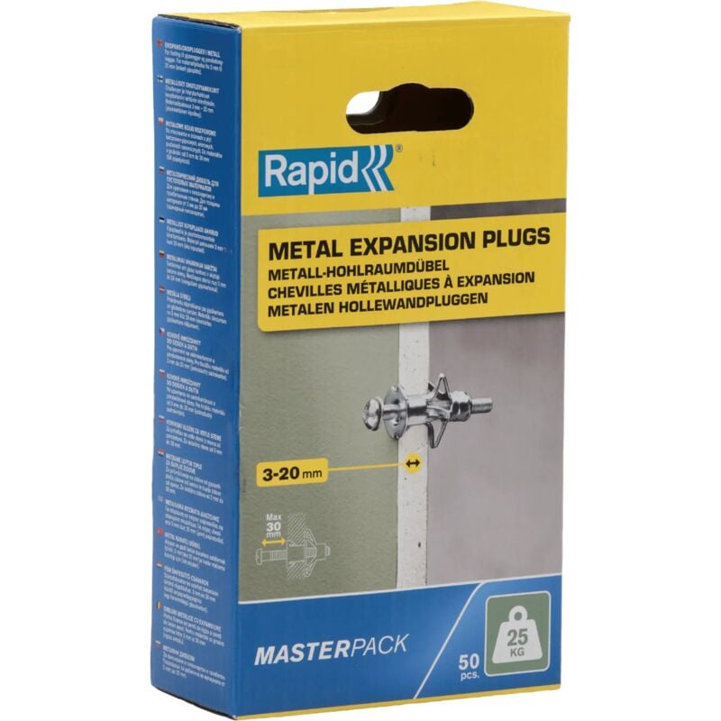 Chevilles à Expansion Métal pour Cloison Plâtre 3-20mm Lot 50 Charge Max 25 kg - (5001562) - Rapid