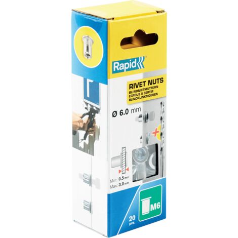 Rapid – Ecrou à sertir M6 en acier galvaniqué – Finition chromée – Lot de 20 pièces avec 1 forêt Ø9mm – Plage de serrage M3 à M6