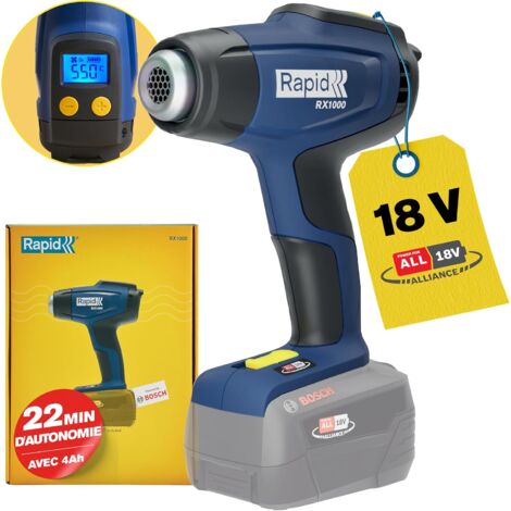 Rapid – Pistolet à air chaud 400-550°C – 18V – Écran LCD – 2 réglages de débit d'air – Pour thermorétractage et façonnage plastique - RX1000