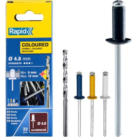 Rapid – Lot de 32 rivets aluminium Ø4,8 mm – Longueur 16 mm – Rivets aveugles pour plaques d'immatriculation – Foret inclus