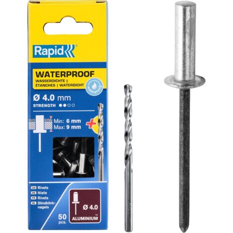 Rapid – Rivets étanches aluminium Ø4 x 12 mm – 50 pièces – Pour gouttières et matériaux de toiture – Foret inclus – 5000400