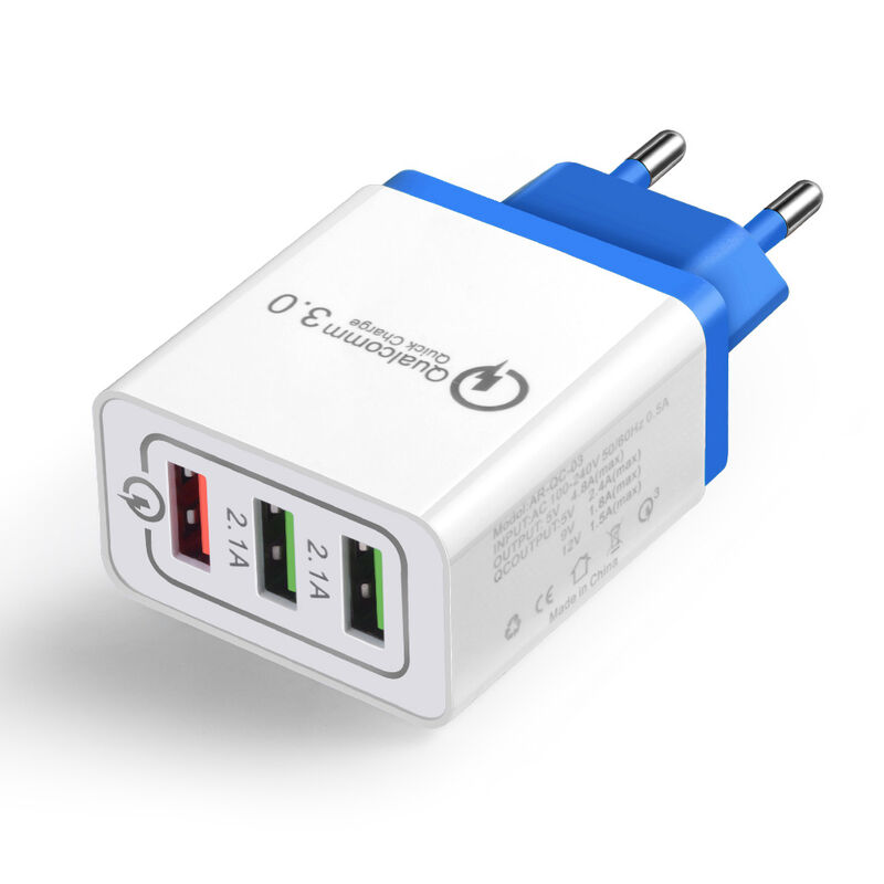 Rapide Chargeur De Telephone Charge Rapide 3.0 3 Ports Usb Ue Plug Power Voyage Adaptateur Socket Accueil Convertisseur Chargeur Mural, Bleu
