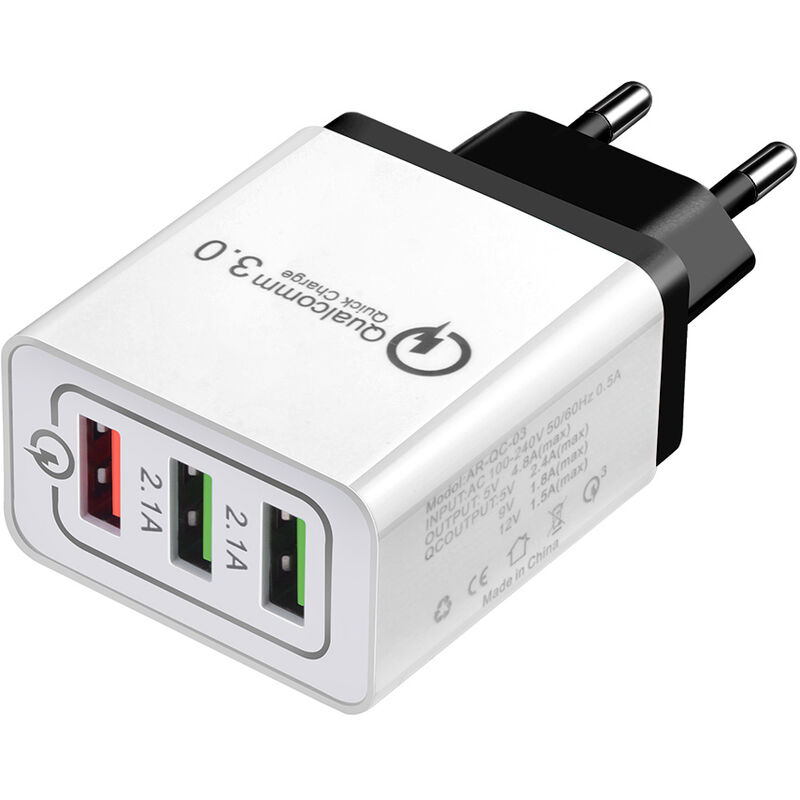 Rapide Chargeur De Telephone Charge Rapide 3.0 3 Ports Usb Ue Plug Power Voyage Adaptateur Socket Accueil Convertisseur Chargeur Mural, Noir