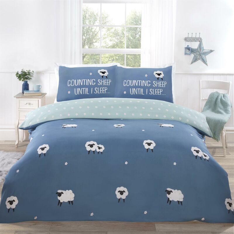 Bedding 180 tc Counting Sheep Duvet Cover Set Blue Double - Blue - Rapport Home