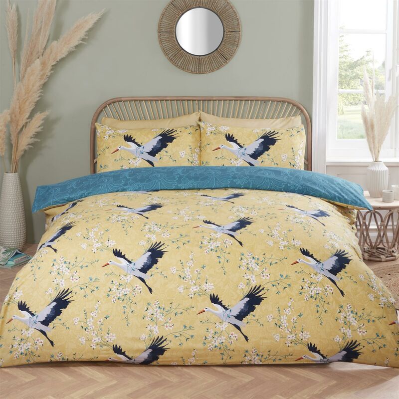 Floral Cranes Birds Duvet Cover Set Ochre Oriental Reversible Double Bed Bedding Set - Yellow - Rapport Home