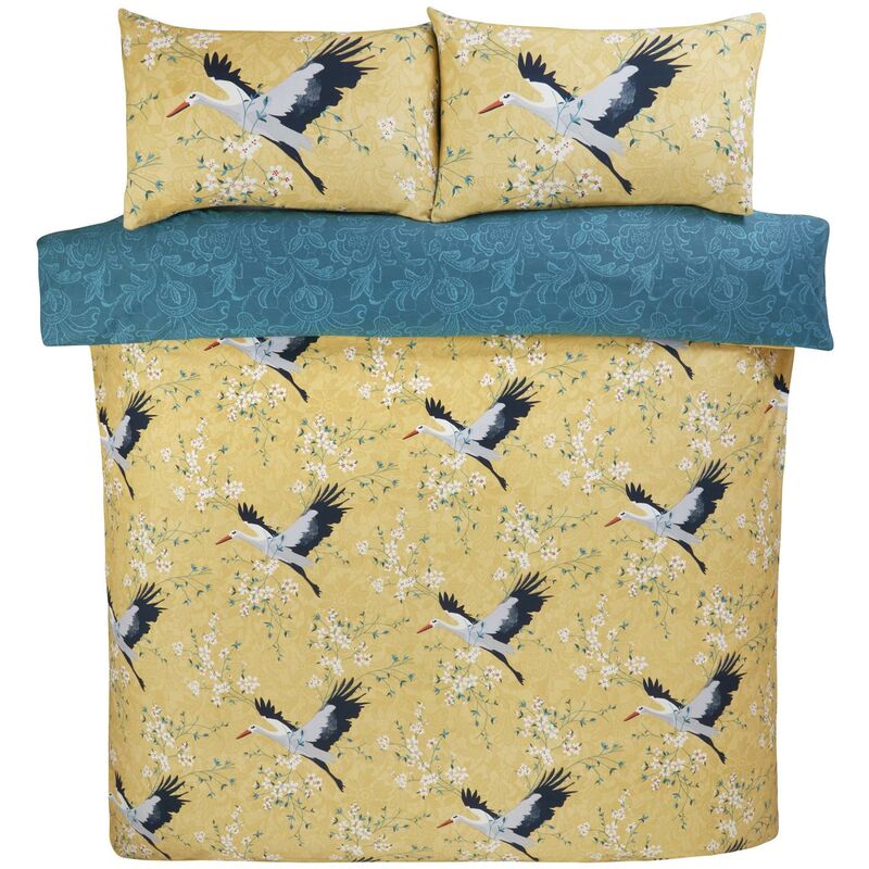 Floral Cranes Birds Duvet Cover Set Ochre Oriental Reversible Kingsize Bed Bedding Set - Yellow - Rapport Home