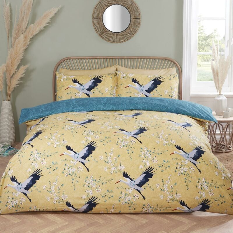 Floral Cranes Birds Duvet Cover Set Ochre Oriental Reversible Single Bed Bedding Set - Yellow - Rapport Home