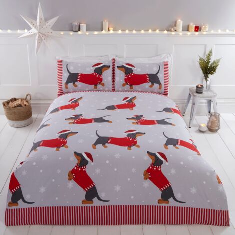 Rapport Home Just Contempo - Set copripiumino matrimoniale con bassotto e neve, 3 pezzi, colore: rosso