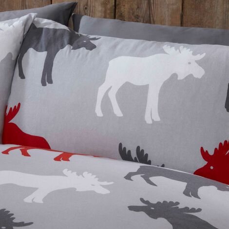 Rapport Moose Animal Print 100% Brushed Cotton Flannelette Duvet Quilt Cover Bedding Set (Grey, Single), 135 x 200cm