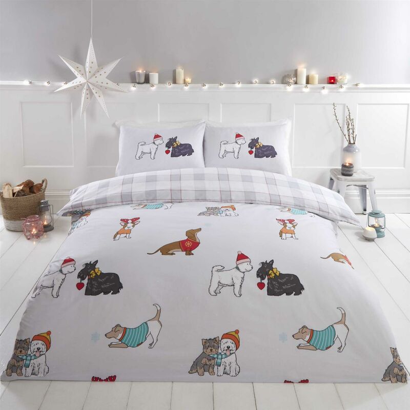 Rapport - Winter Tails Double Duvet Cover Set Christmas Reversible Bedding Bed Set Dog
