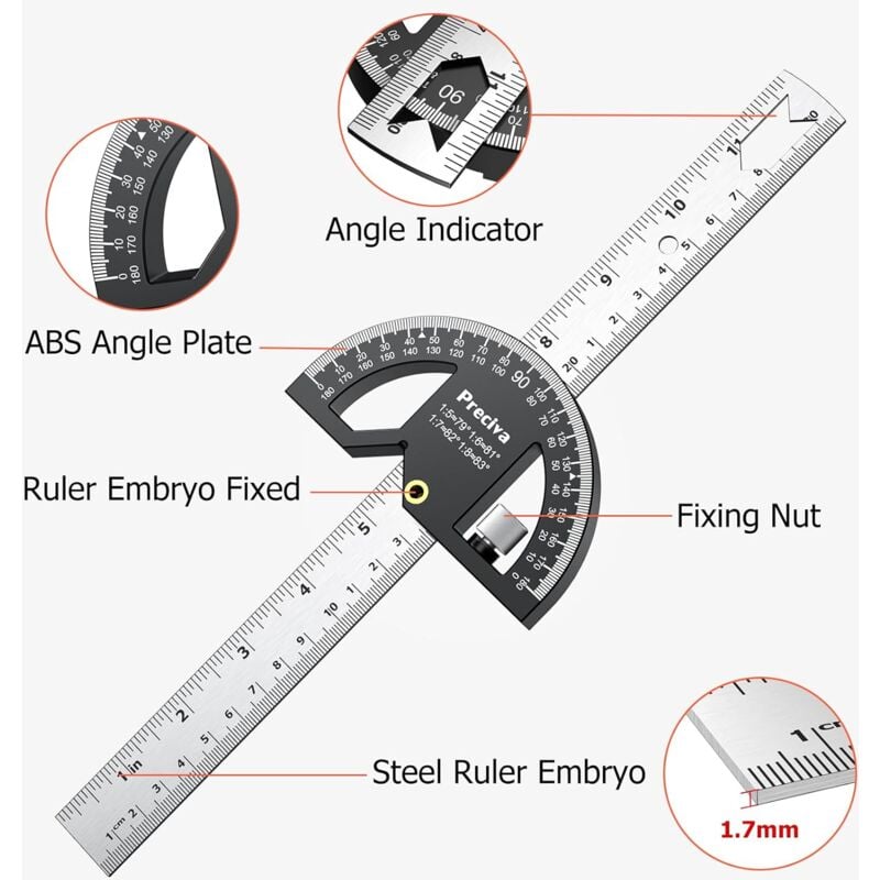 Rapporteur d'angle, Règle de Marquage et Mesures en Menuiserie, Outil de Règle de Menuiserie 300mm Acier Inoxydable, Chercheur d'angle 0-180° pour