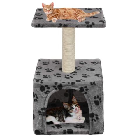 Rascador para gatos con nicho, juguete de peluche de sisal, 55 cm, estampado de huellas grises 3702081