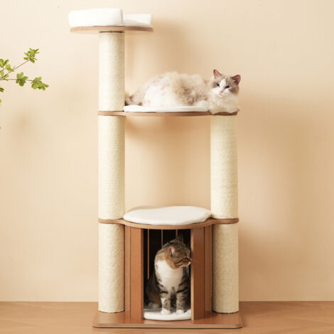 Rascador para gatos estable con postes diámetro 12cm MDF 60x48x135cm color natural + blanco