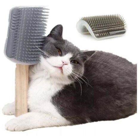 rascador para gatos gris con cepillo de masaje para esquinas.