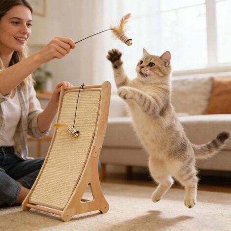 Rascador para gatos, juguete interactivo para la relajación: rascador de interior con juguete de ratón, adecuado para interiores, rincones de la sala de estar, suelos y gatitos.