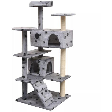 Rascador para gatos, nicho, animales de juguete, felpa y sisal, 125 cm, huellas de patas, gris 3702268