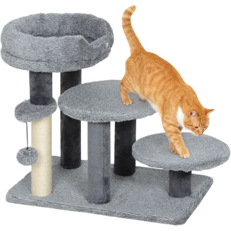 Rascador y escalera para gatos con base ancha, forrado de felpa y postes de sisal, gris