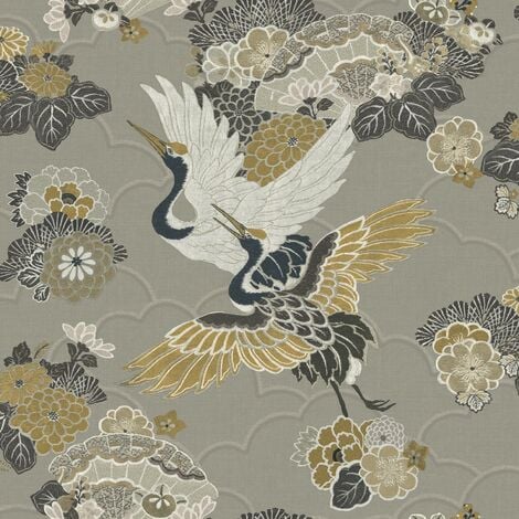 Rasch Akari Kyoto Cranes Wallpaper Oriental Japanese Birds Flowers Floral Clouds Natural Grey Mustard 282787