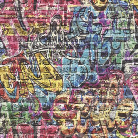main image of "Rasch Graffiti Brick 3D Efeect Wallpaper - Spray Paint Multi Coloured 213201"