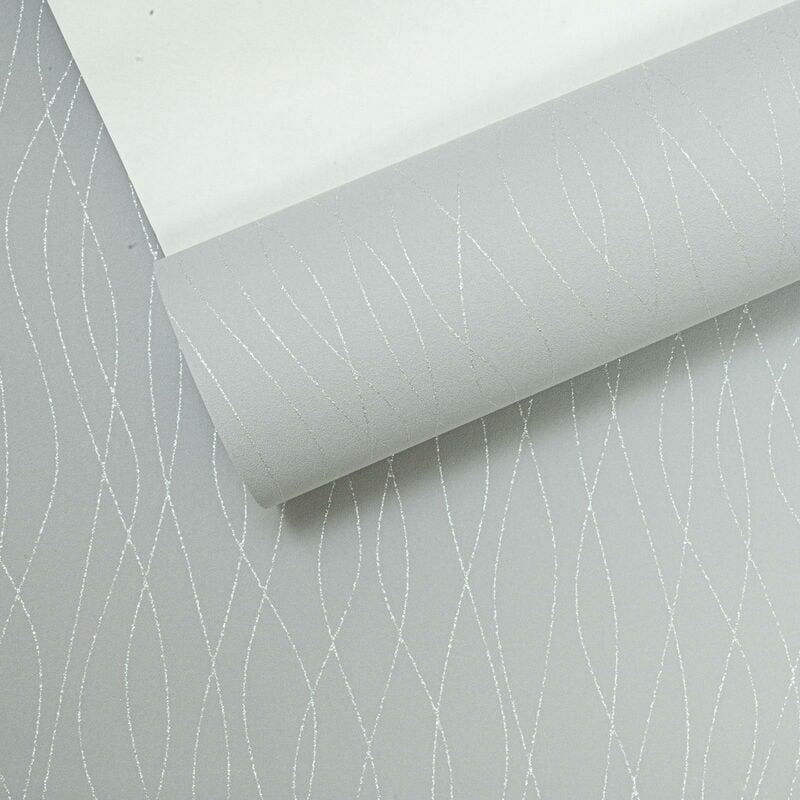 Grey Silver Glitter Curves Lines Non Woven Textured Wallpaper - Rasch