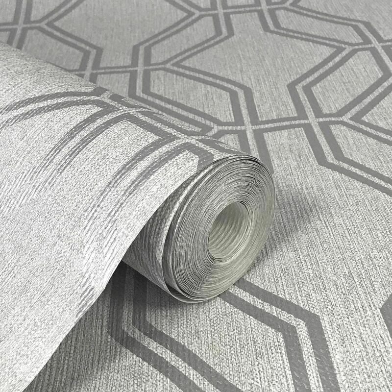 Highgrove Geometric Trellis Metallic Silver Grey Feature Wallpaper 275277 - Grey, Silver - Rasch