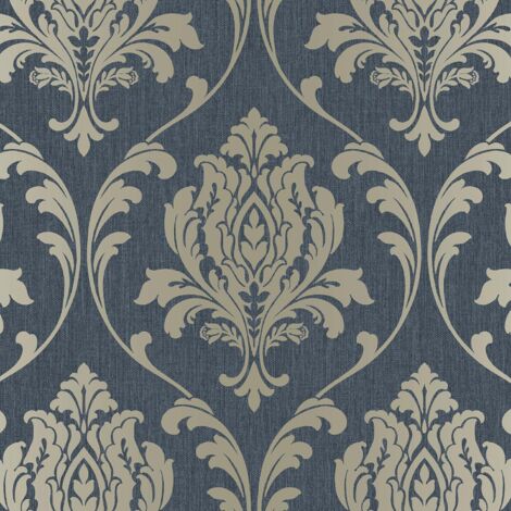 Rasch Highgrove Navy Metallic Gold Floral Damask Feature Wallpaper 274997