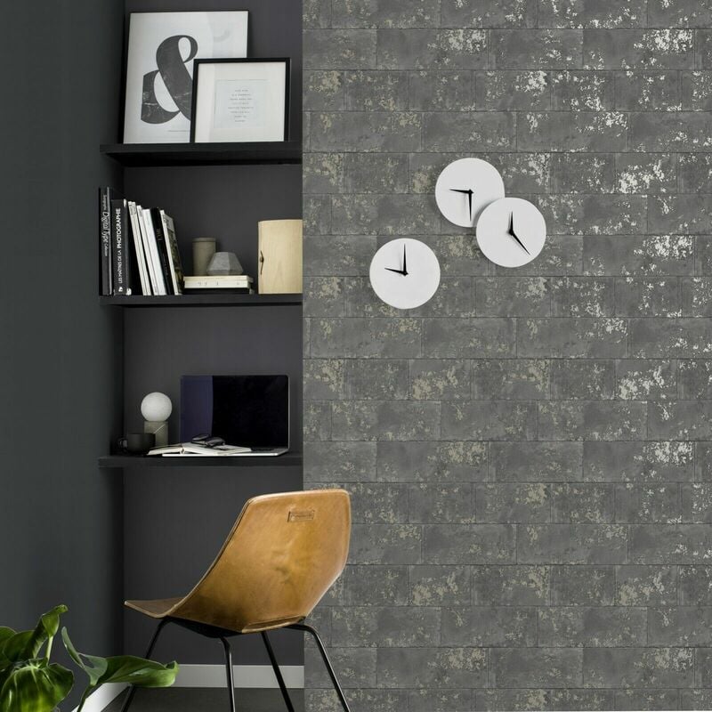 Industrial Concrete Brick Wall Charcoal Distressed Holden Decor Wallpaper - Rasch