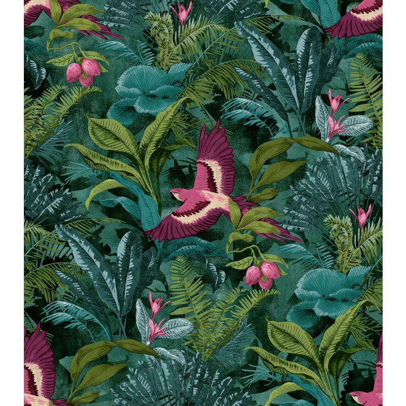 Tropical Rainforest Wallpaper Botanical Floral Birds Jungle Teal Green - Rasch