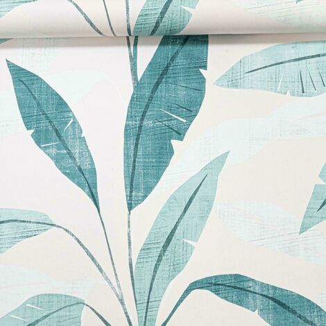 Rasch White Green Teal Tropical Palm Leaves Non Woven Textured Wallpaper