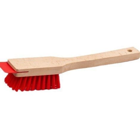 Rasenmäherbürste mit Schaber – stabile Kunststoffborsten und langer Holzgriff – Gartengerätebürste – Handbesen zum Reinigen des Rasenmähers