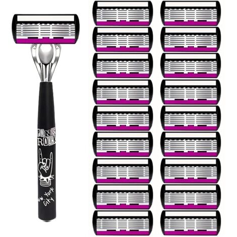 Rasoir 6 lames pour hommes – manche blanc avec 18 têtes de rasage violettes et blanches – pour toutes les barbes (épaisse, fine ou rêche) et prévention des irritations.