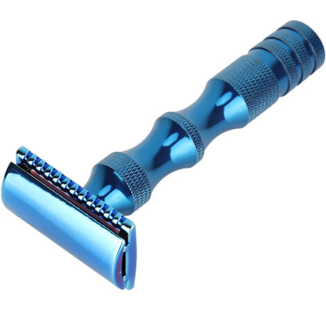 Rasoir de sûreté vintage à deux lames avec poignée en métal bleu antidérapant pour rasage homme