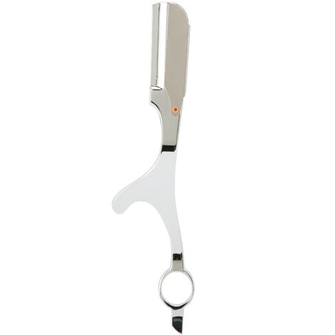 Rasoir droit professionnel en alliage de zinc pour coiffure homme, rasage précis avec rotation du doigt, finition argentée.