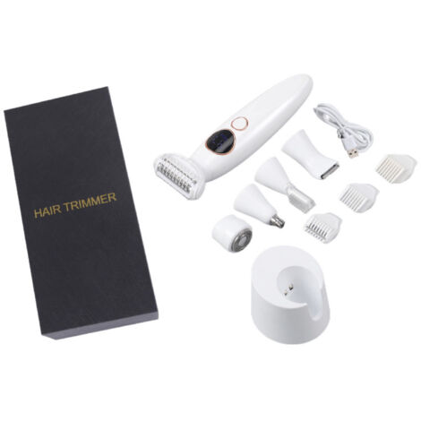 Rasoir Électrique Femme 5 en 1, Kit Intime Corps & Visage IPX7 Étanche, Station de Charge USB - Tondeuse pour Sourcil, Maillot, Visage (avec 5 têtes, 3 sabots)