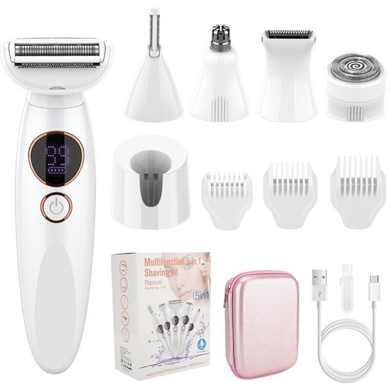 Rasoir Electrique Femme 5 en 1, Tondeuse Femme Intime, Rasoir Femme Maillot IPX7 Etanche avec Station de Charge USB pour Visage, Corp, Sourcil, Bikini