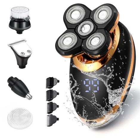 Rasoir électrique pour homme – Kit de rasage multifonction 5-en-1 pour crâne rasé : rasoir rotatif 5D à têtes flottantes, sans fil, rechargeable par USB, étanche , avec tondeuse à barbe et écran LED.