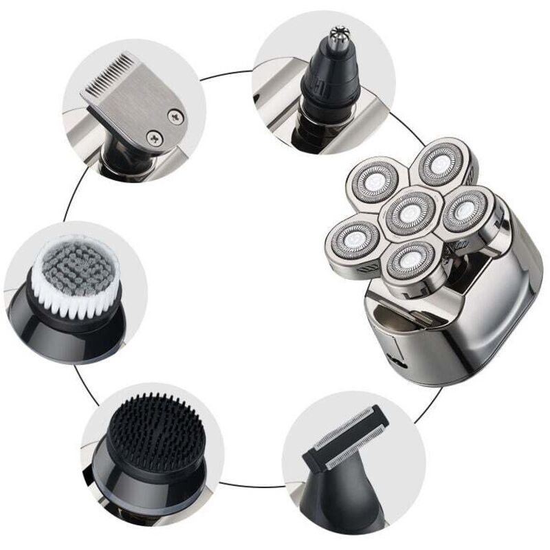 Rasoir électrique pour hommes Tondeuse à barbe: - Rasoir pour hommes chauves rechargeable par USB, Rasoir rotatif étanche 6 en 1 Kit de rasoir sans