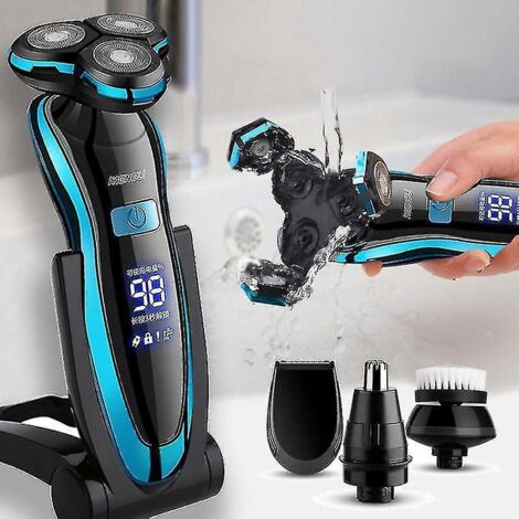 Rasoir électrique rechargeable pour homme, utilisable sur peau sèche ou humide, étanche, charge rapide.