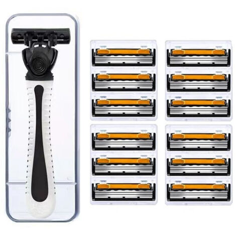 Rasoir homme 3 lames rechargeable - 12 têtes orange/noir + manche ergonomique gris pour peau normale/sensible/sèche + boîte rangement - Cadeau Noël/Fêtes/Pères/Anniversaire (Kit complet)